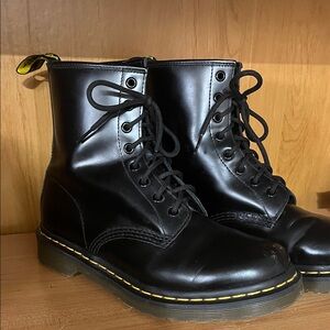Dr. Martens Black  8-Eye Lace-Up Boots with Yellow Stitching women’s 9